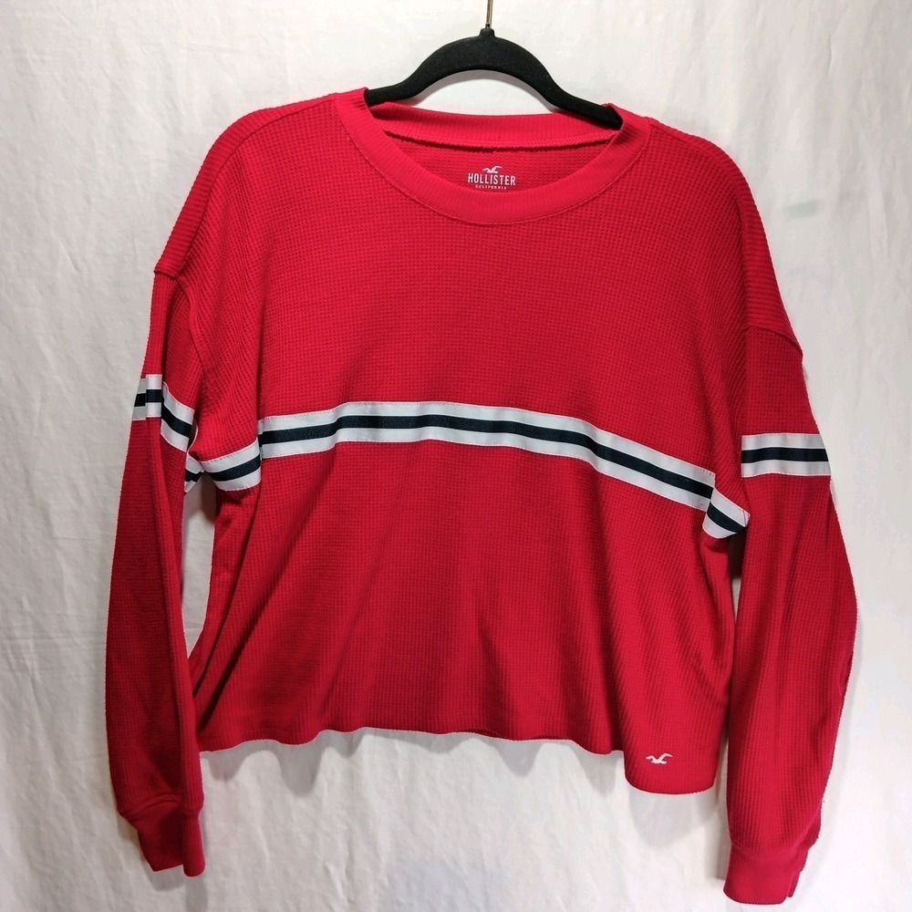 Hollister Boyfriend Tee Women's Thermal Long Sleeve Crew Neck Shirt Red Sz M